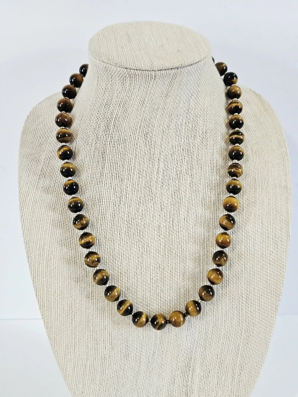 Vintage Tigers Eye Chatoyant Sterling Silver Clasp Long Round Beaded Necklace